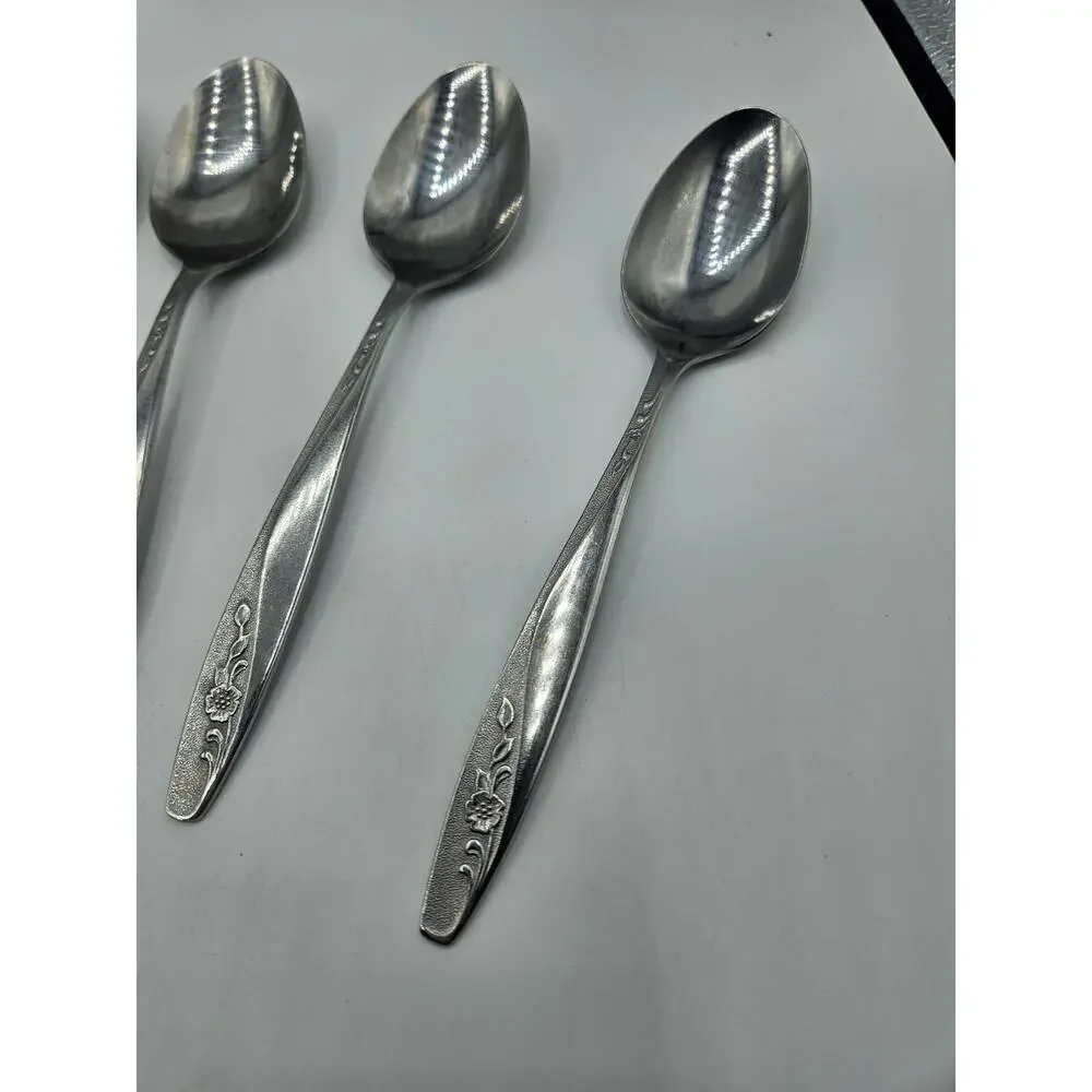Vintage International Stainless Tablespoons Set 7 Korea Floral Pattern MCM